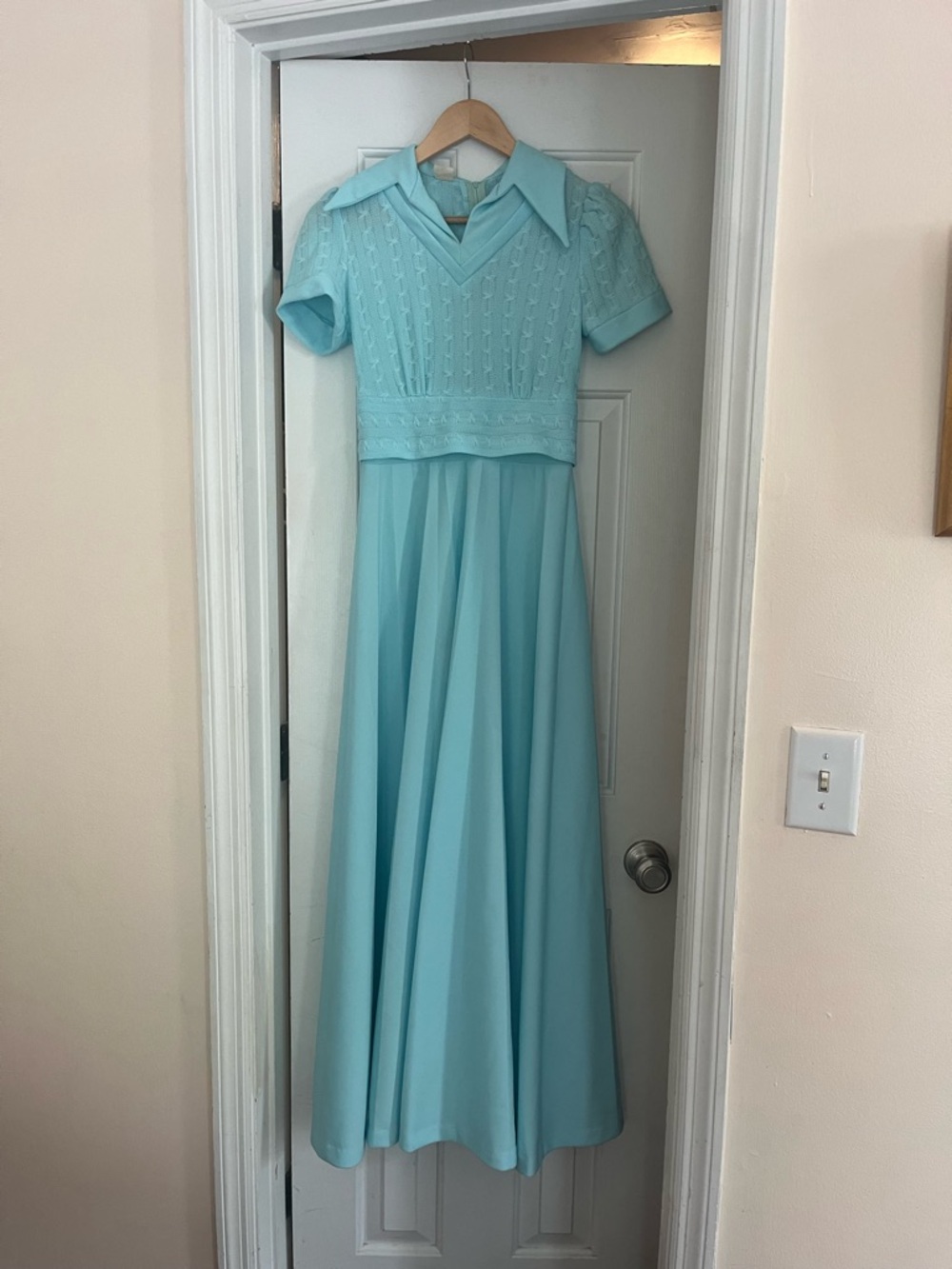 Vintage Aqua Knit Bodice Dress with Pointed Collar 70s